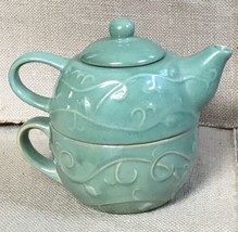 Pier 1 Tea For One Light Green Embossed Stackable Teapot And Coffee Mug - $13.86