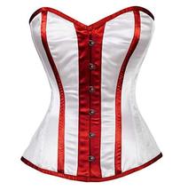 Gothic Costume White Satin Red Stripes Burlesque Corset Waist Training O... - £50.16 GBP
