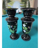 Pair of Black Glass VASES Hand Painted 10&quot; X 4&quot; Pontil Mark ON Base - $171.30 CAD