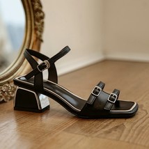 100% Genuine Leather Ladies sandals Square Heels Sandals Woman Shoes Summer Casu - £64.19 GBP