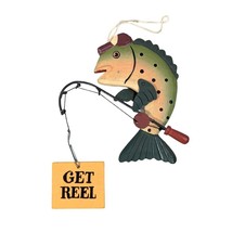 Spotted Fish Holding Fly Fishing Pole Rod Ornament Hooked the Sign Get Reel - £11.79 GBP