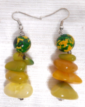 Yellow Green Glass Marble Bead Natural Agate Precious Stone Dangle Earrings 2.25 - £11.98 GBP