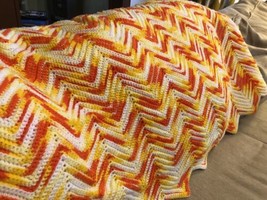 Vtg Afghan Crochet￼ blanket  super vintage look orange yellow white 48 x 93 - £19.94 GBP