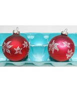 Silver Poinsettia Christmas Tree Ornaments x2 Red Glass Vintage SHINY BR... - $23.70