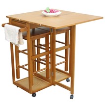 Wood Top Kitchen Island Storage Cabinet Dining Table with Drawers and 2 Stools - £120.39 GBP