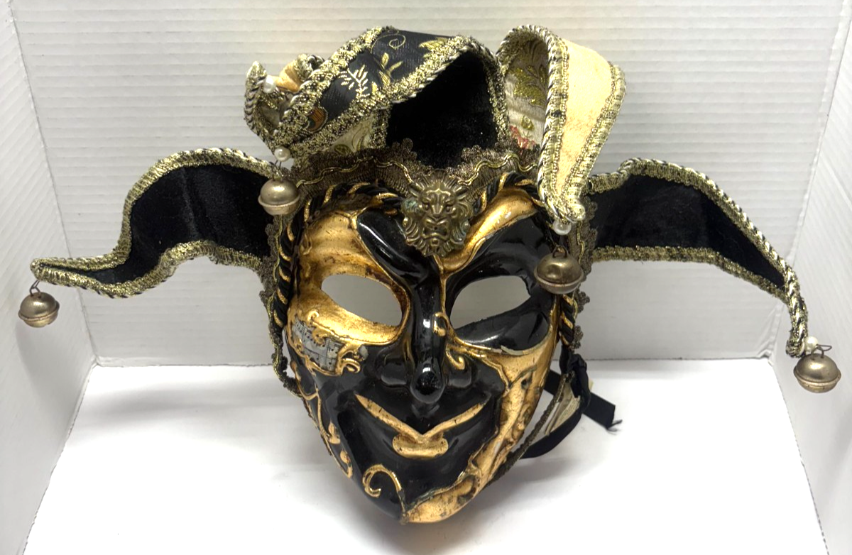 La Maschera Del Galeone Harlequin Black &amp; Gold Venezia Italy 10&quot; Wall De... - $39.60