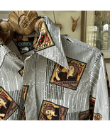Vintage 70s Cellini Point Collar Art Deco Print Button Up Polyester Shirt L - $32.40