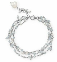 Aquamarine &amp; Freshwater Pearl 14k White Gold Over 3 Strand Beaded Chain Bracelet - £166.85 GBP
