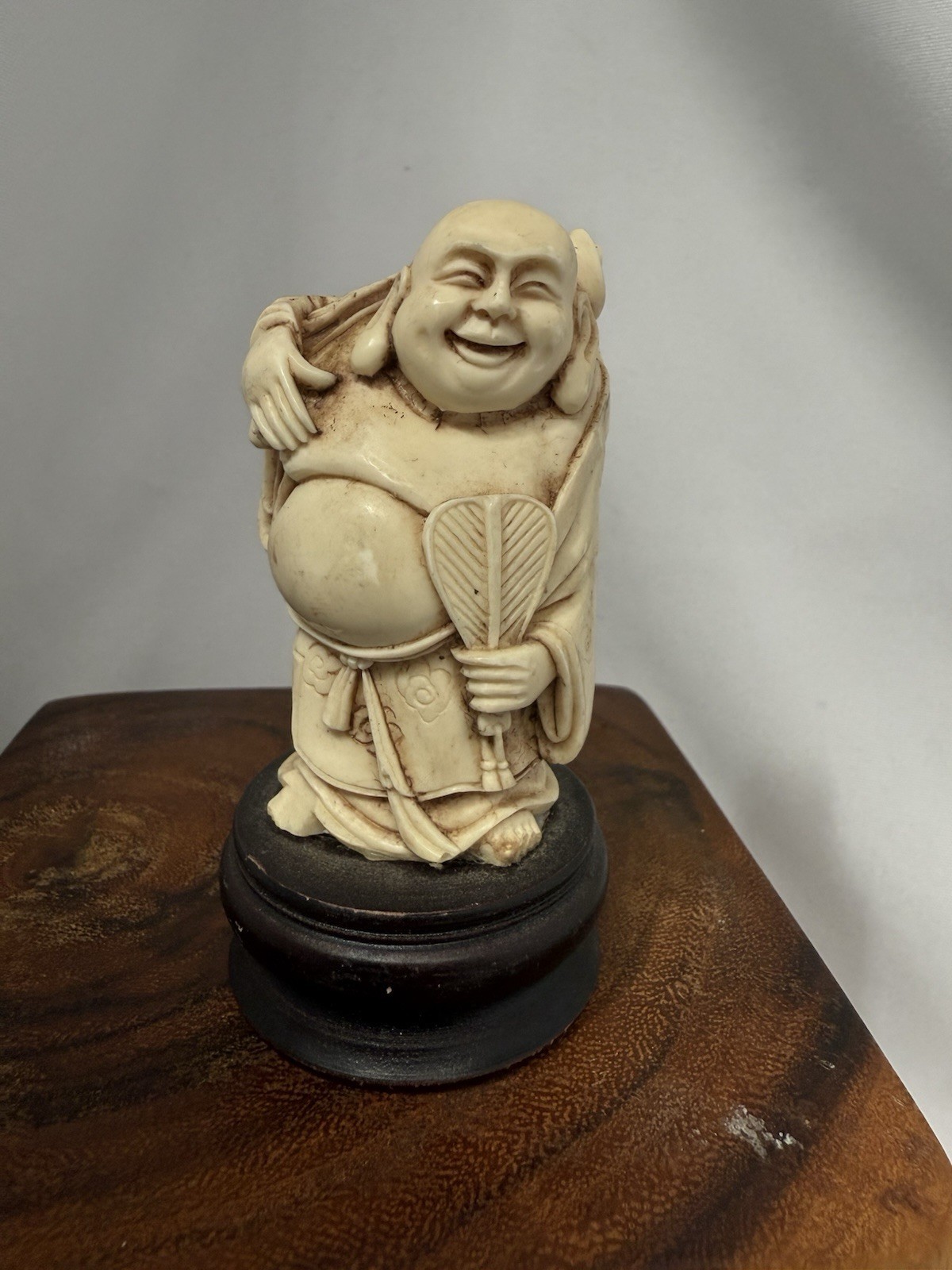 Vintage Chinese Molded Resin Cast Hand Carved On Wooden Stand Figurine B... - $14.00