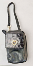 Brighton Black Leather Wristlet Wallet Phone Case Silver &amp; Gold Heart Charm EUC - £9.56 GBP