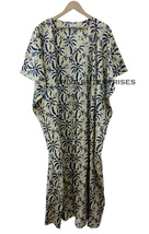 Leaf Print Blue Women Maxi Cotton Long Kaftan Bathrobe Maternity NightDress Gown - £24.77 GBP