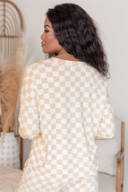 Beige Checkered Print Long Sleeve Top and Pants Lounge Set - $591.47 MXN