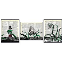 Octopus Kraken Dictionary Wall Art Print Set - Upcycled Vintage 8X10 Home Or Off - £27.13 GBP