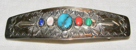 VINTAGE NATIVE AMERICAN STERLING SILVER HAIR BARRETTE w/ 5 STONES, SIGNE... - £22.86 GBP