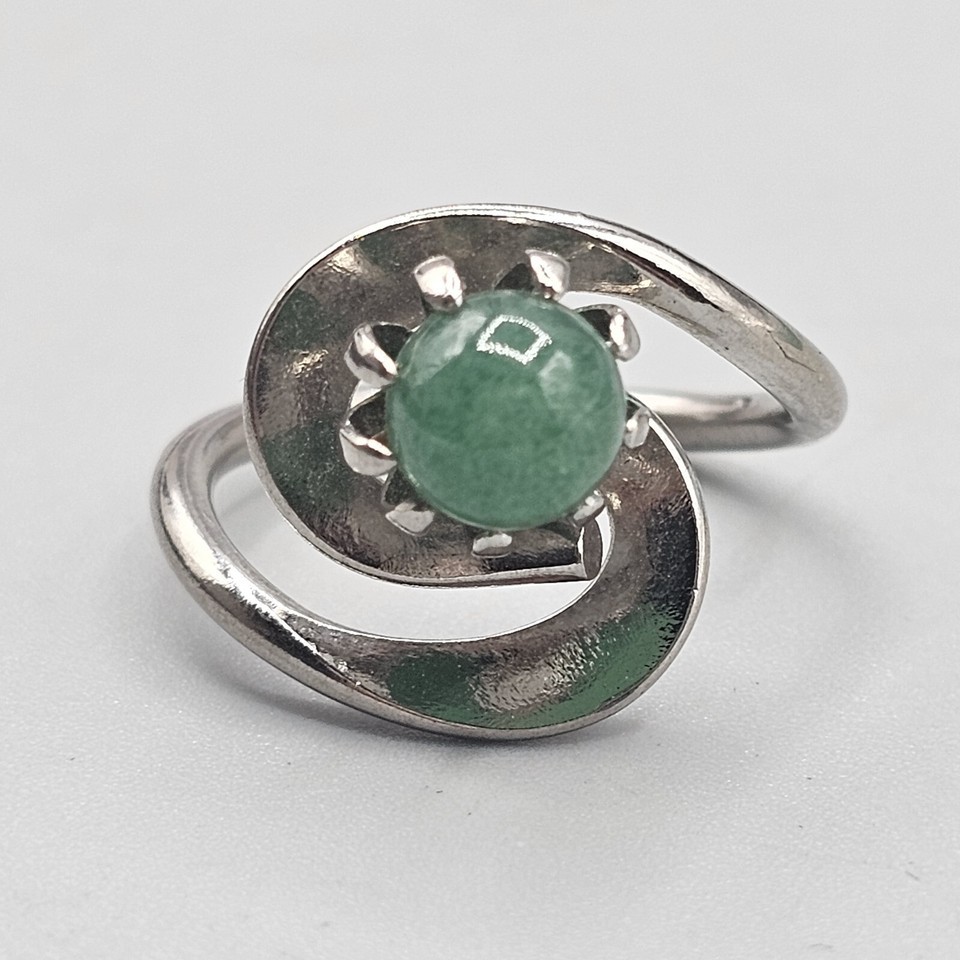 Modernist Jade Ring Silver Tone Swirl Center Cabochon Size 6.5 Silver Tone - $34.99