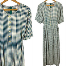 Vintage Dress Size 16 Gingham Raised Floral Maxi Green Country Tea Party... - £43.61 GBP