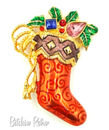 Christopher Radko Christmas Stocking Brooch with Rhinestones and Holly - £19.18 GBP