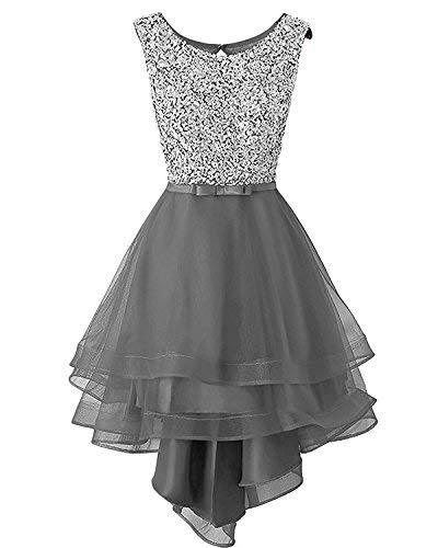 Kivary Plus Size Beaded High Low Backless Sheer Prom Evening Formal Dresses Gray
