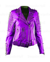 New Woman&#39;s Purple Silver Spiked Studded Punk Cowhide Biker Leather Jack... - £368.30 GBP