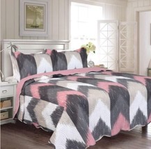 Sonic Zig Zag Geometric Rose Reversible Bedspread Quilted Set 3 Pcs Queen Size - £35.22 GBP