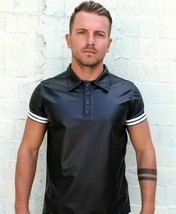 M&quot; Men&#39;s Tight Polo Top Shirt in Black Lambskin Leather Look Short sleeves - $70.43