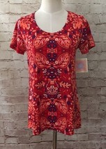 LuLaRoe XXS Classic T  Stretch Knit Top  Red Floral Short Sleeves Hi Lo Hem - £15.16 GBP