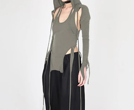 Fairy Grunge Long Sleeved Hooded Crop Top Y2k Streetwear Strap Asymmetri... - £17.68 GBP