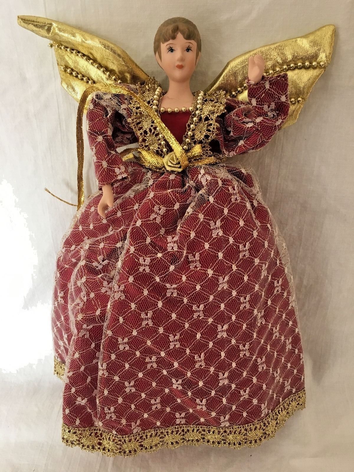 Porcelain Christmas Angel Tree Topper Ornament Burgundy Gown Lace Overlay 14.5" - $29.95