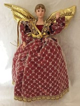 Porcelain Christmas Angel Tree Topper Ornament Burgundy Gown Lace Overlay 14.5&quot; - £23.93 GBP