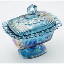 Vintage Indiana Glass Lace Edge Iridescent Blue Carnival Footed Candy Dish &amp; Lid - £29.39 GBP