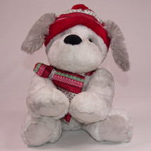 Hugfun St Jude Gray White Puppy Dog 12&quot; Joey Red Hat Scarf Stuffed Plush Animal  - £8.19 GBP