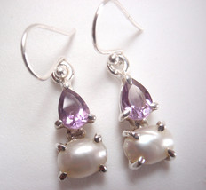 Faceted Amethyst and Cultured Pearl 925 Sterling Silver Dangle Earrings Small - £13.01 GBP