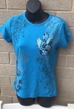 Rasaki Womens Floral Print T Shirt Blouse Sz S Cap Sleeve Blue - £13.81 GBP