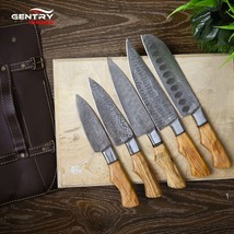 Damascus Kitchen Knife Set of 5 with Olive-Wood &amp; Brass Handle Kitchen Knives - $108.35