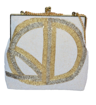 Vtg Style Petite Seed Bead Evening Bag  Korea White w/gold silver design Holiday - £14.43 GBP