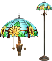 JupiterCool Tiffany Floor Lamp Blue Yellow Sunflowers Stained Glass Rustic Medit - £260.61 GBP