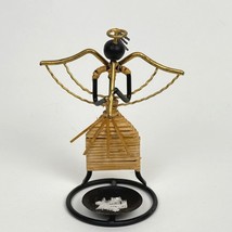 African Wrought Iron Brass Angel with Flute Wicker Pillar Candle Holder - $19.80
