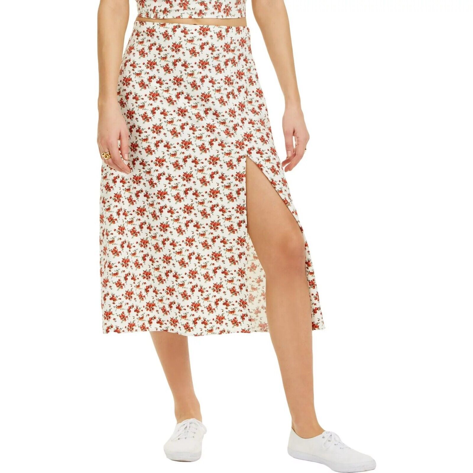 Danielle Bernstein Women Plus 2X White Red Floral Slitted Midi Skirt NWT... - $34.29
