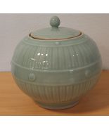 Vintage 30's Celadon Porcelain Banded Basket Faux Bamboo Cache / Ginger Jar - $62.99
