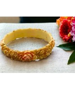 Vintage Carved Celluloid Floral Bracelet Roses Daisies Flower Bangle 7.5” - £18.97 GBP