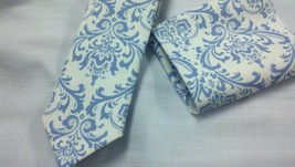 BLUE Damask necktie or bowtie or  Pocket Square groom ringbearer men boy... - $11.50