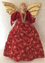 Porcelain Christmas Angel Tree Topper Ornament Red Velour Gown Gold Tassel 14&quot; - £23.93 GBP