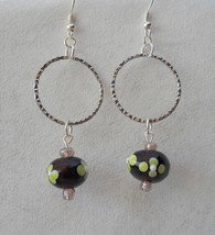 Purple Glass Green Flower Beaded Earrings Silver Metal Hoop Handmade Pierced - £23.90 GBP