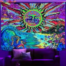 Burning Sun Tapestry Ocean Wave Sunset Sunrise Skull Colorful Mushroom Boho Wall - £20.76 GBP