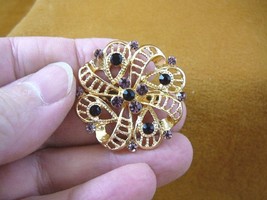 (bb601-39) purple rhinestone crystal ornate swirl flower gold tone brooch pin - £12.72 GBP