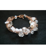 Freeform Copper Wire &amp; White Beads Crochet Bracelet - £14.15 GBP