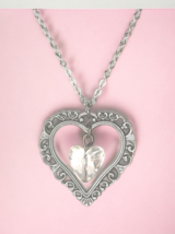 Rhinestone Heart Pendant Charm Necklace Silver Tone 18" - $4.99