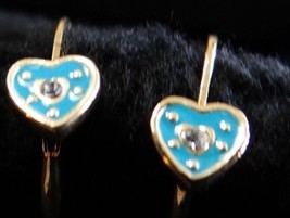 Gold-Tone Turquoise Blue Enamel Crystal Girls Leverback Heart Earrings - £17.82 GBP