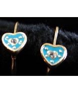 Gold-Tone Turquoise Blue Enamel Crystal Girls Leverback Heart Earrings - $30.30 CAD