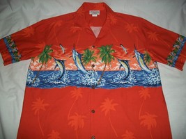 Pacific Legend Sword Fish Men&#39;s Hawaiian Aloha Button Camp Shirt Large Orange - £35.65 GBP